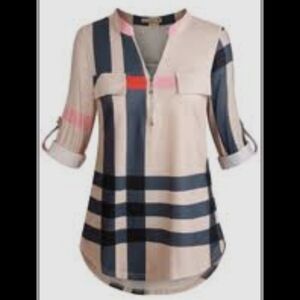 Moyabo Striped Beige/Blue Blouse 3/4' Zip Rolled Long Sleeve Women's LG Casual
